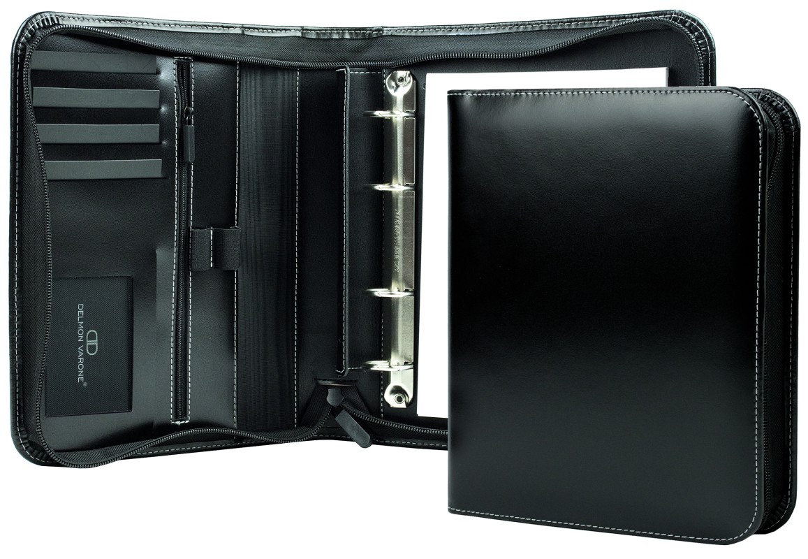 RV-Ringbuch DIN A5, incl. Memoblock, 4-Ring-25mm-Combimechanik CAMBRIDGE Top Grain Rindspaltleder mit heller Kontrastnaht schwarz